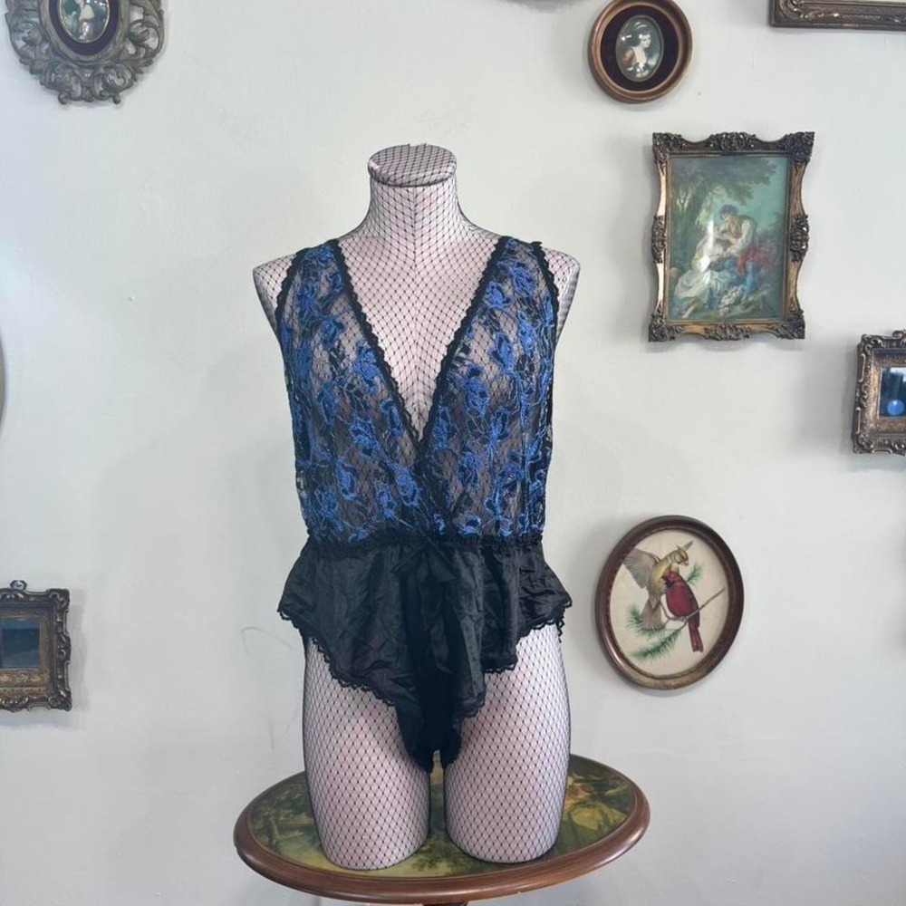 Nan Flower Vintage Black & Blue Floral Lace Teddy Sheer Plunging Romper lingerie
